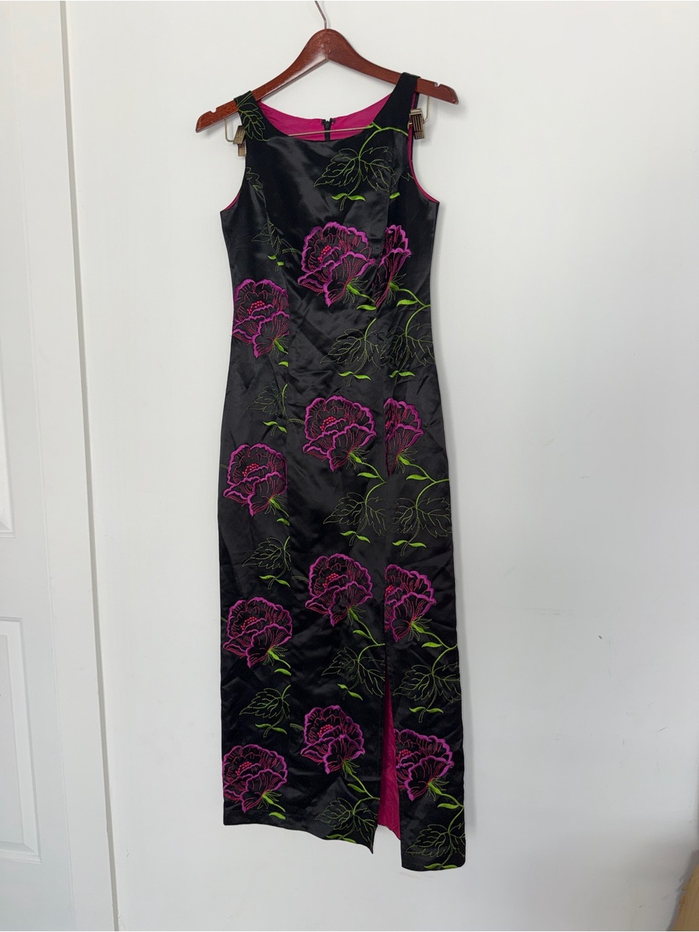 Betsy Johnson Black Midi Dress with Pink Floral Embroidery and Green Accents